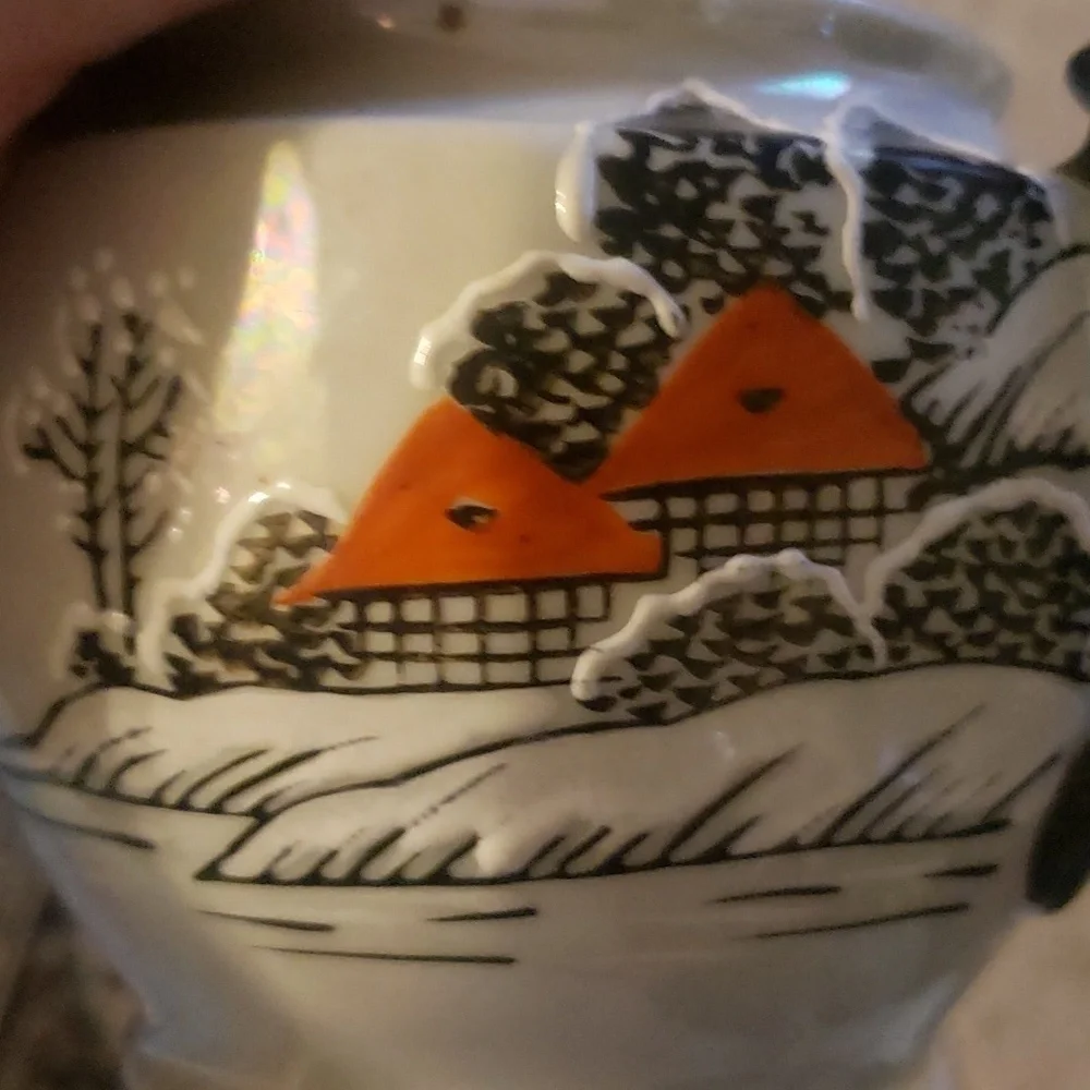 Japanese hand painting teapot Sugar Bowl W/lid And Creamer Pearlescent Village